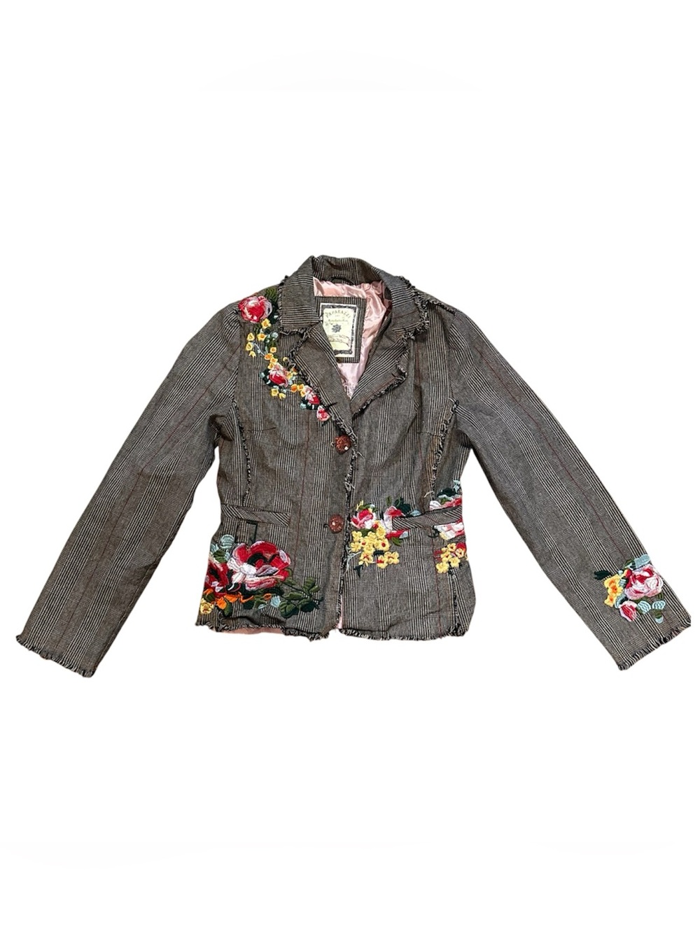 Paparazzi Plaid Blazer with Pink Satin Lining and Floral Embroidery